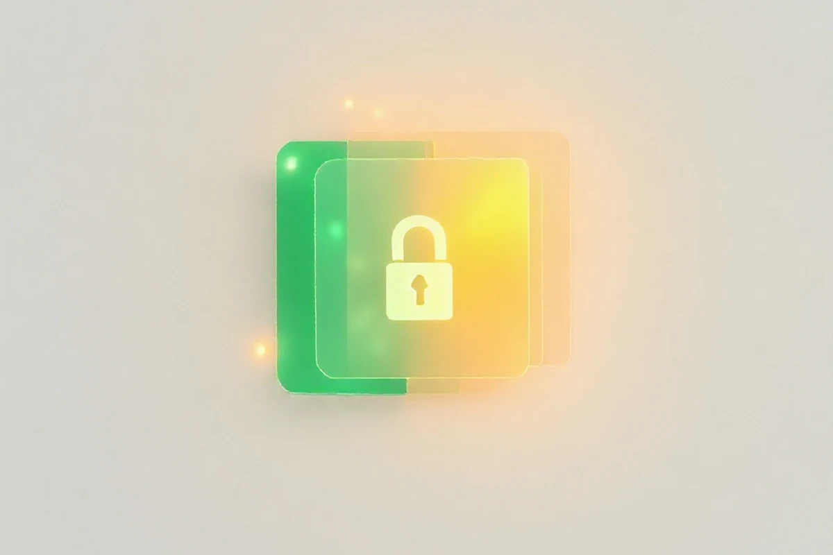 An abstract illustration of overlapping translucent network panels catching light, emerald and amber on a soft graphite background