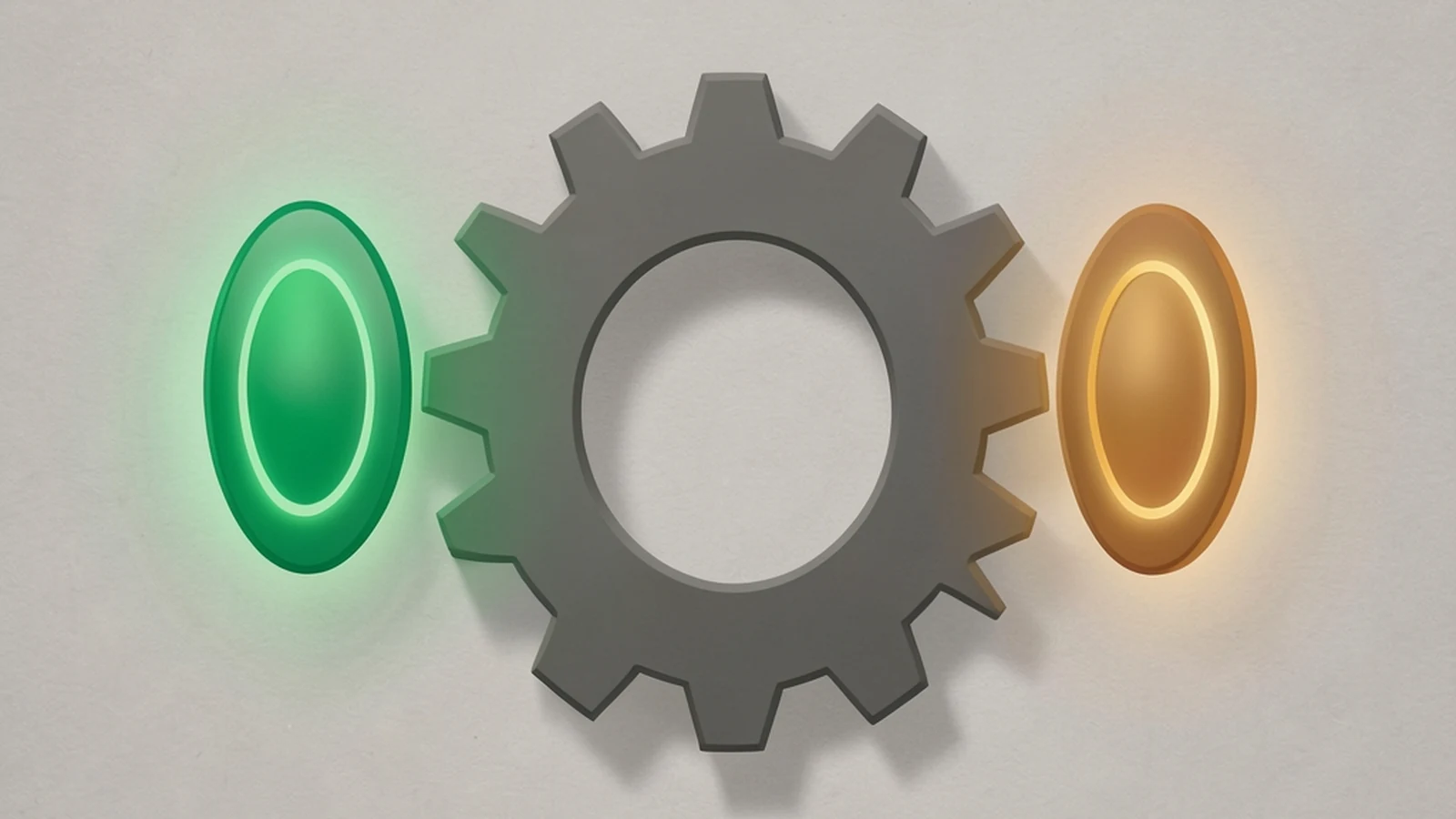 An abstract illustration of two token reserves balanced on either side of a mechanical gear-like exchange mechanism, glowing emerald and amber