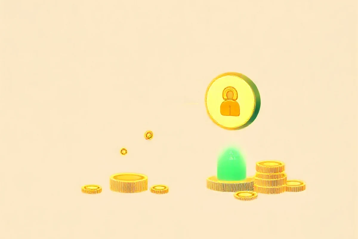 An illustration of coins flowing as fee income toward a liquidity-provider icon, with a small caution icon representing impermanent loss risk