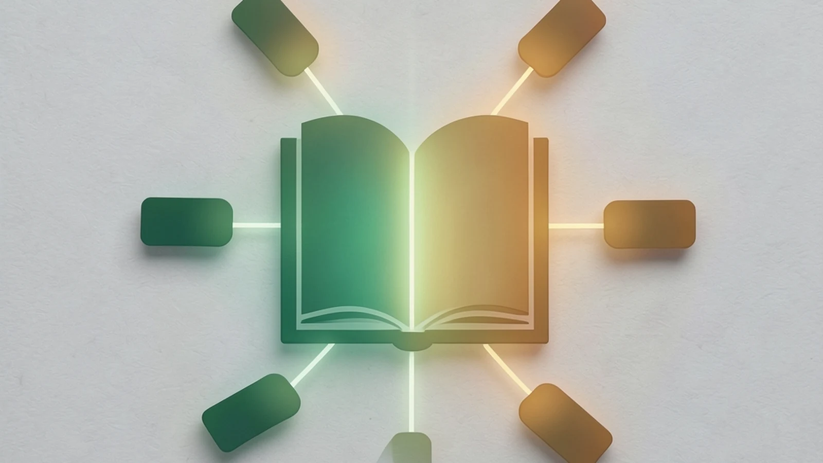 An open reference book rendered as a glowing abstract icon with small connected term-tags around it, in emerald and amber