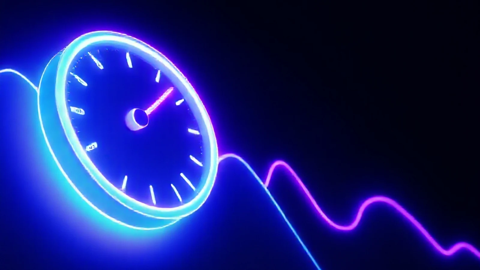 A glowing 3D RSI oscillator gauge floating beside a smoothed moving-average line over a price chart