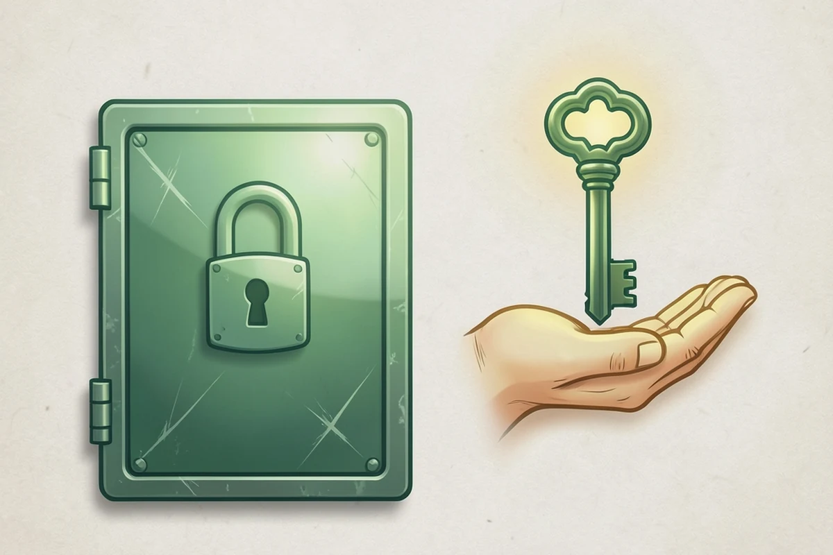 An illustration of a padlocked vault representing centralized custody beside an open hand holding a key representing self-custody