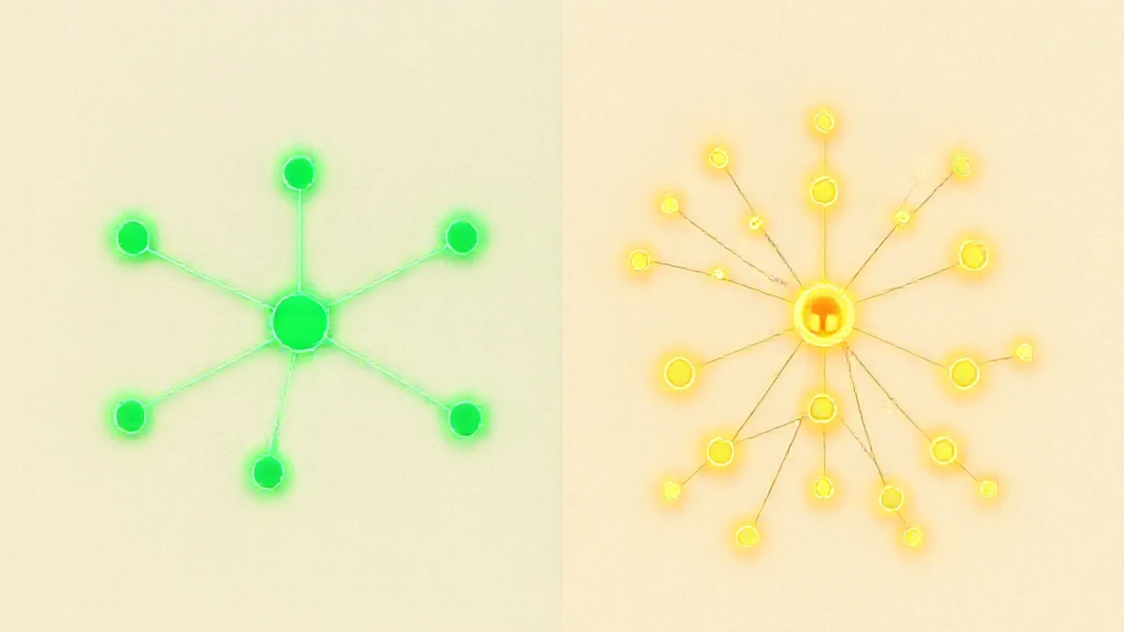 Two contrasting network diagrams side by side, one centralized around a single hub node and one distributed across many connected nodes, in emerald and amber